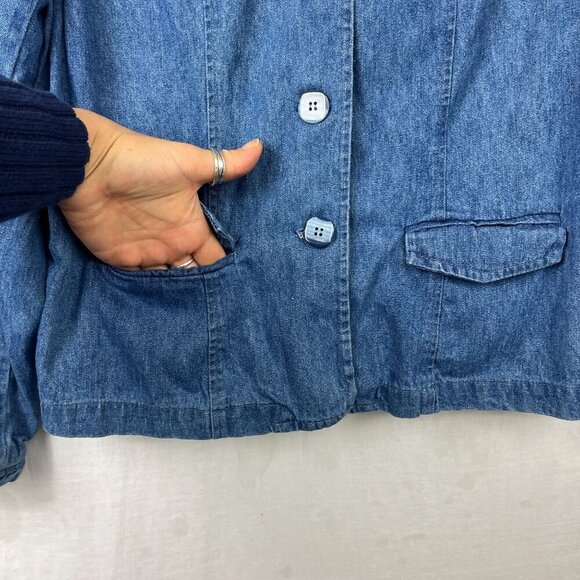 Vintage 90s Vermont Country Store Denim Ruffle Jacket Womens L Cottage Western - Picture 2 of 11